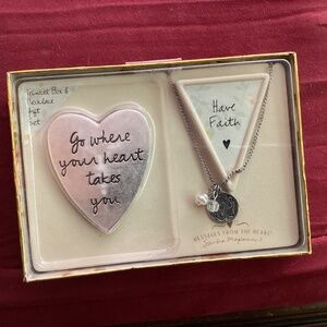 New Silver tone trinket box necklace set heart faith charms gift boxed NIB